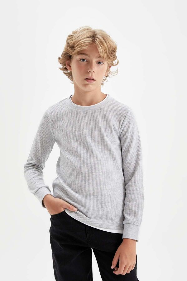 DEFACTO DEFACTO Boy's Crew Neck Basic Plain Waffle Long Sleeve T-Shirt