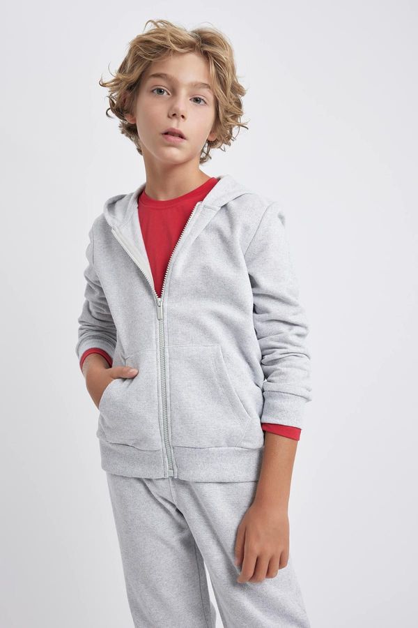 DEFACTO DEFACTO Boy's Gray Hooded Pique School Cardigan