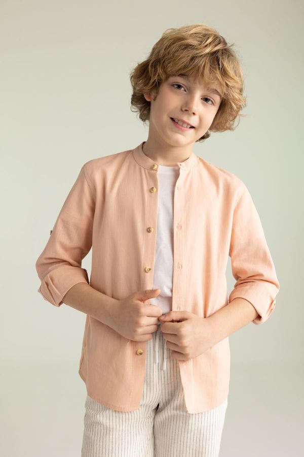 DEFACTO DEFACTO Boy's High Neck Linen Look Long Sleeve Shirt