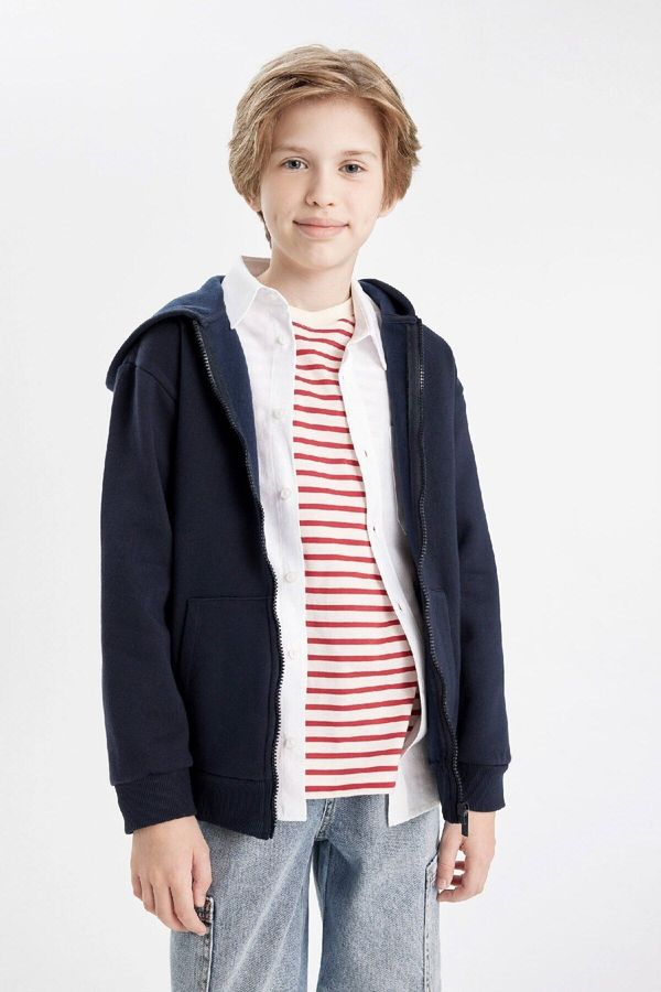 DEFACTO DEFACTO Boy's Hooded Navy Blue Zippered School Cardigan