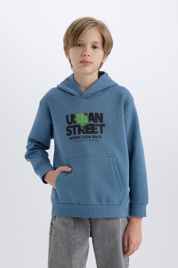 DEFACTO DEFACTO Boy's Hooded Printed Pocket Soft Furry Sweatshirt