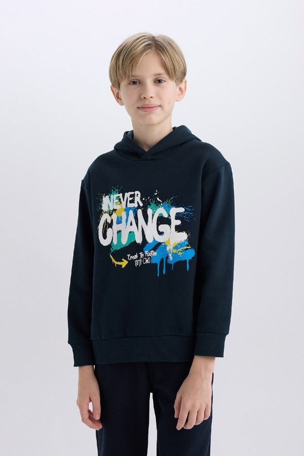 DEFACTO DEFACTO Boy's Hooded Printed Soft Furry Sweatshirt