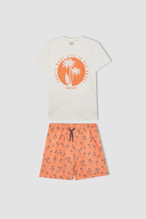 DEFACTO DEFACTO Boy's Palm Tree Patterned Short Sleeve T-Shirt and Swim Shorts Set of 2