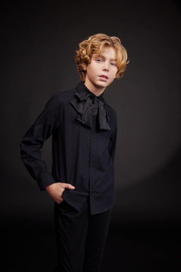 DEFACTO DEFACTO Boy's Polo Collar Black Long Sleeve Shirt