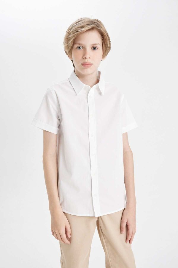 DEFACTO DEFACTO Boys Polo Collar Poplin Short Sleeve Basic Plain White School Shirt