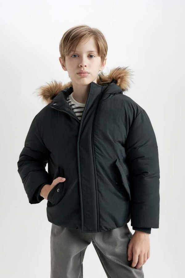 DEFACTO DEFACTO Boy's Removable Faux Für Collar Hooded Coat