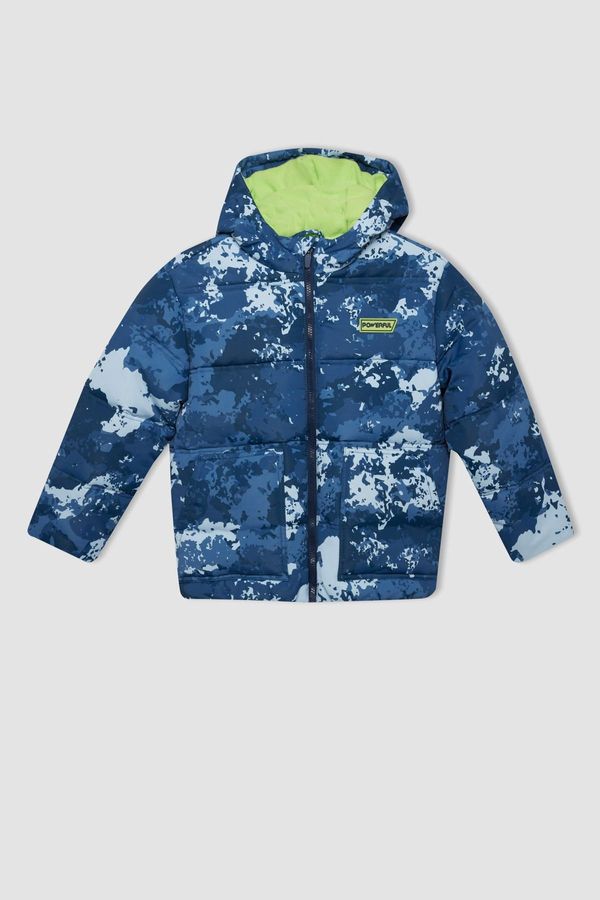 DEFACTO DEFACTO Boy's Water Repellent Hooded Patterned Zippered Pocket Fleece Lined Puffer Jacket