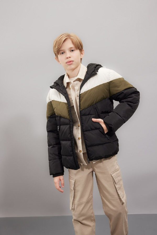 DEFACTO DEFACTO Boy's Water Repellent Hooded Zippered Pocket Fleece Lined Coat