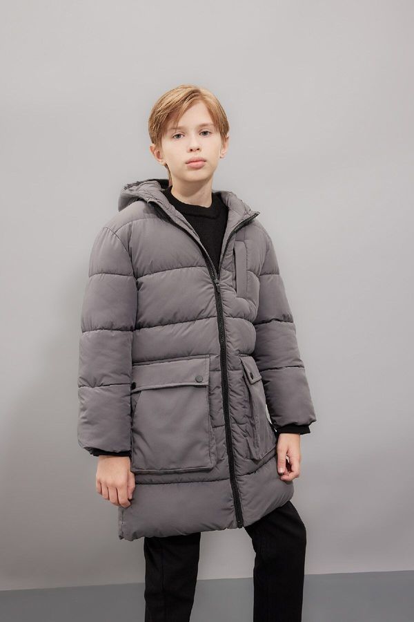 DEFACTO DEFACTO Boy's Water Repellent Hooded Zippered Pocket Fleece Lined Parka