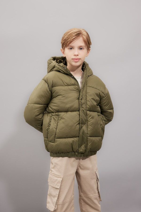 DEFACTO DEFACTO Boy's Water Repellent Hooded Zippered Snap Closure Pocket Coat