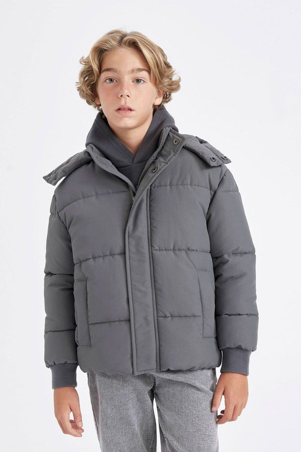 DEFACTO DEFACTO Boy's Water Repellent Hooded Zippered Snap Closure Pocket Puffer Jacket