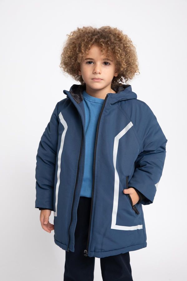 DEFACTO DEFACTO Boys Water Repellent Reflector Printed Hooded Fleece Lined Coat