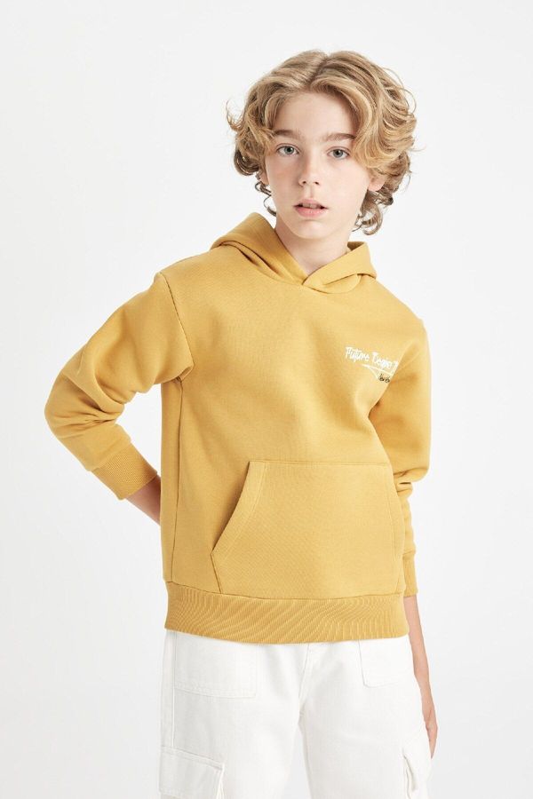 DEFACTO DEFACTO Boys Yellow Letter Printed Pocket Hooded Thick School Sweatshirt