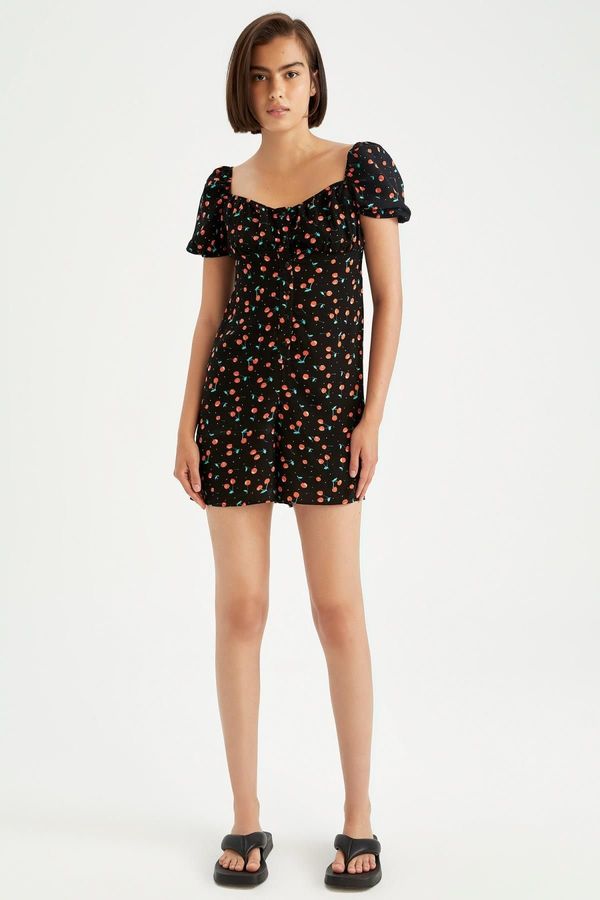 DEFACTO DEFACTO Cherry Patterned Heart Collar Relax Fit Sustainable Mini Jumpsuit