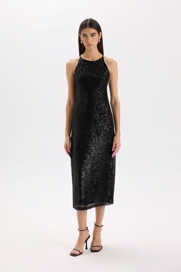 DEFACTO DEFACTO Christmas Themed Halter Neck Sequined Sleeveless Maxi Black Dress