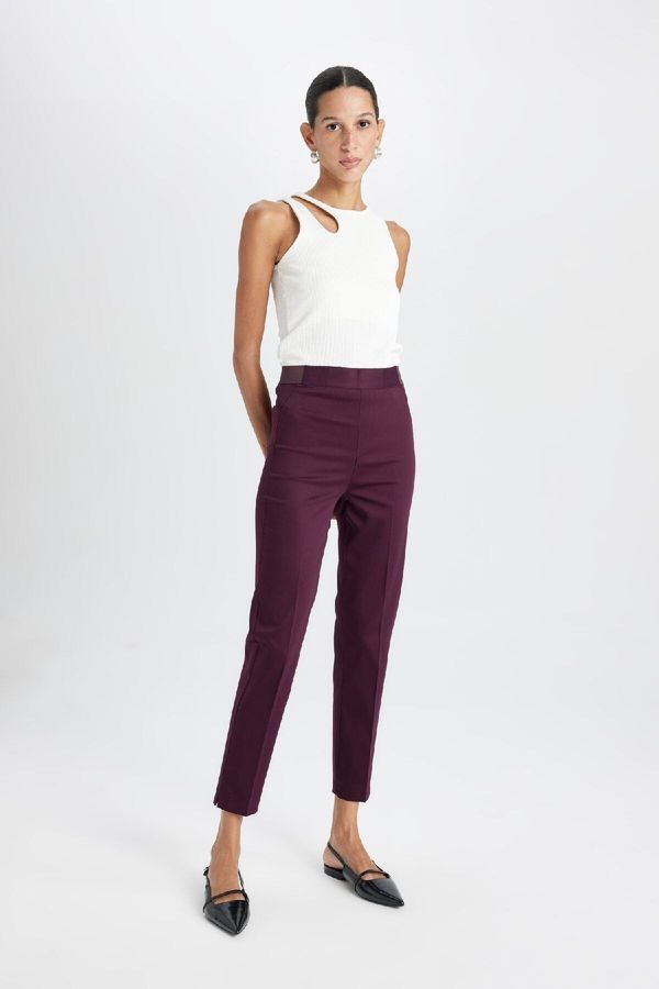 DEFACTO DEFACTO Cigarette Normal Waist Elastic Straight Leg Basic Plain Claret Red Satin Trousers