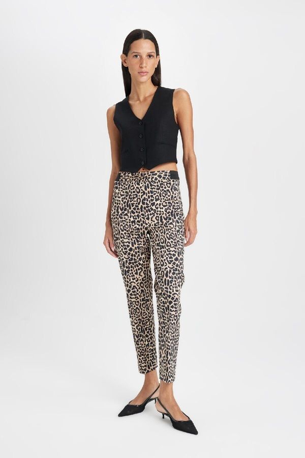 DEFACTO DEFACTO Cigarette Satin Trousers Leopard Patterned Regular Waist Elasticated Straight Leg