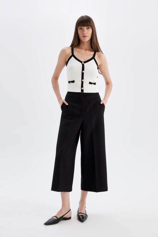 DEFACTO DEFACTO Classic Chino Pants Culotte Black Basic Plain Normal Waist Pocket Wide Leg