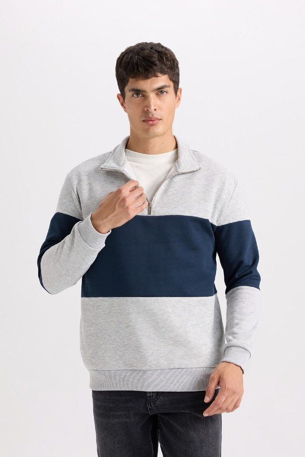 DEFACTO DEFACTO Comfort Regular Fit Casual Fit Stand Collar Striped Thick Sweatshirt