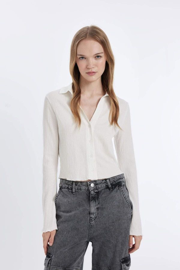 DEFACTO DEFACTO Cool Fitted Basic Plain Buttoned Long Sleeve Crop White Shirt