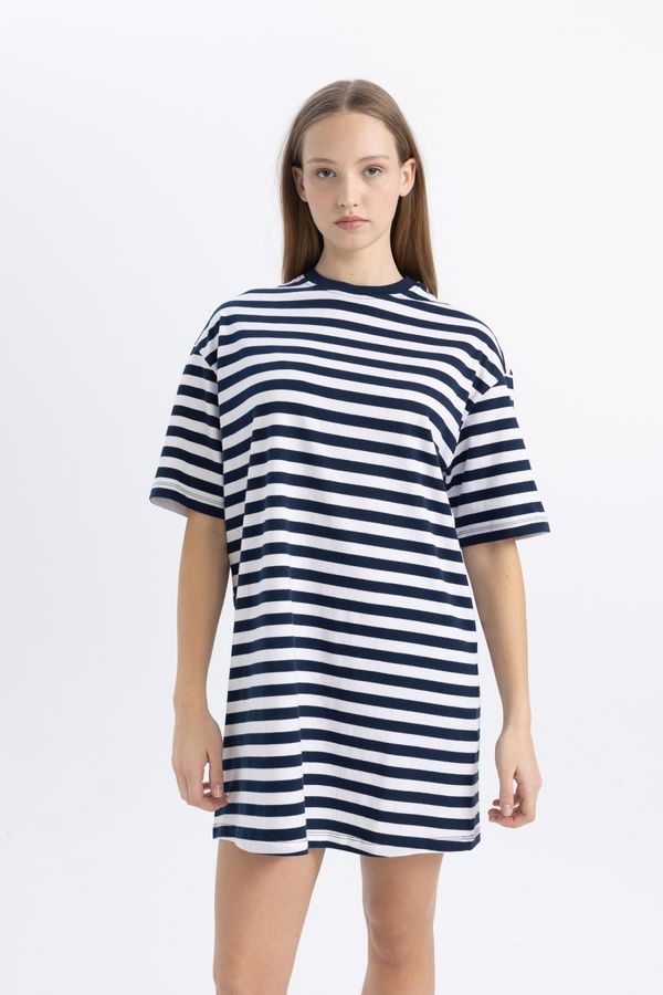 DEFACTO DEFACTO Cool Oversize Striped Combed Cotton Short Sleeve Mini T-Shirt Dress