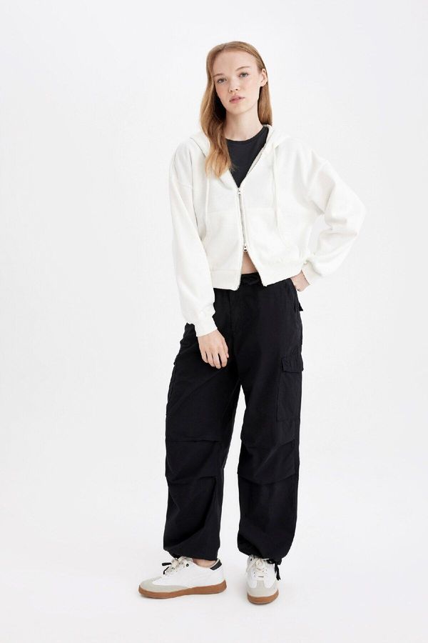 DEFACTO DEFACTO Cool Parachute Waist Elastic Pocket Basic Plain Poplin Black Trousers