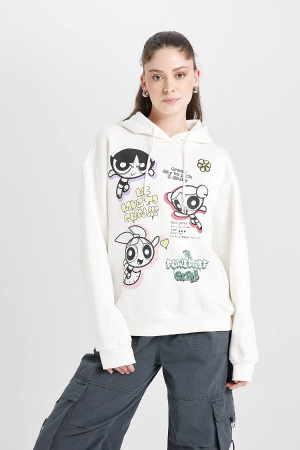 DEFACTO DEFACTO Cool PowerPuff Girls Oversize Fit Hooded Printed Thick Fabric Sweatshirt