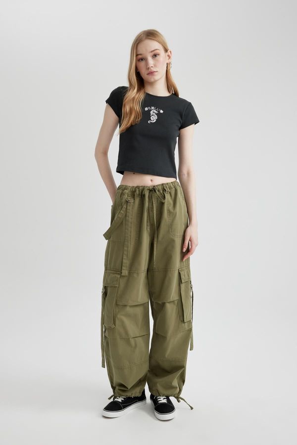 DEFACTO DEFACTO Cool Wide Leg Wide Leg Gabardine Pants Basic Plain Lace Up Normal Waist Cargo Pocket