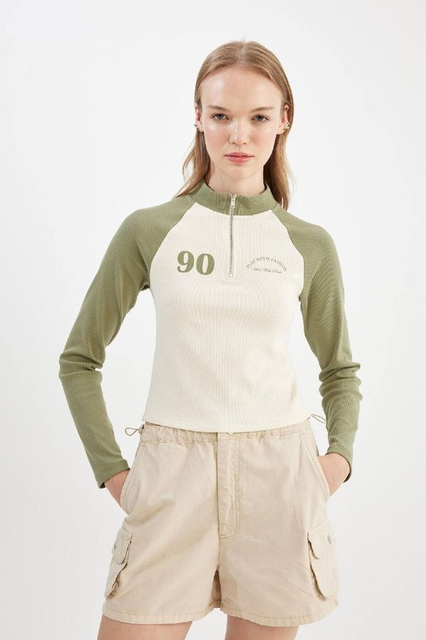 DEFACTO DEFACTO Coool Fitted Ribbed Camisole Half Zipper Stand Collar Color Block Printed Long Sleeve T-Shirt