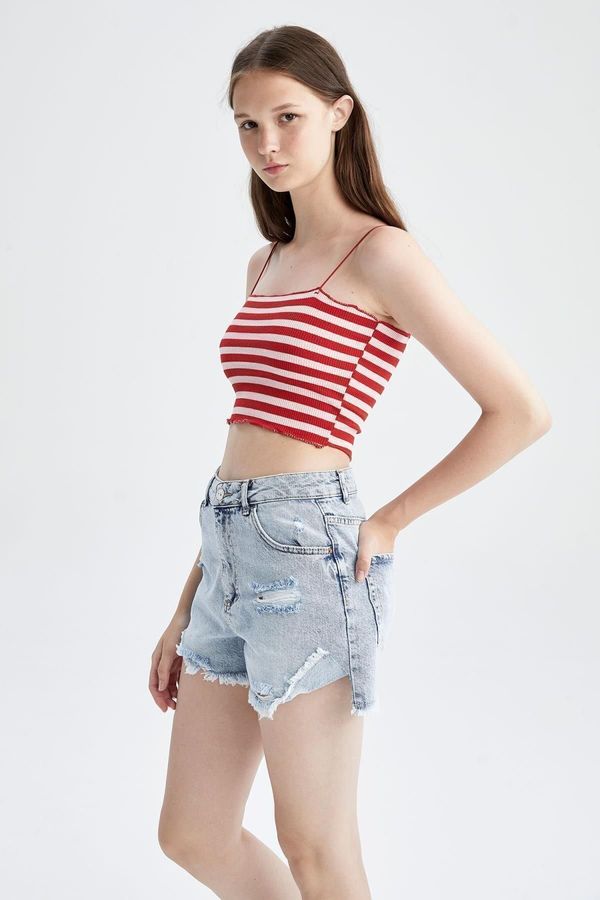 DEFACTO DEFACTO Coool Fitted Strappy Striped Waffle Crop Tank Top