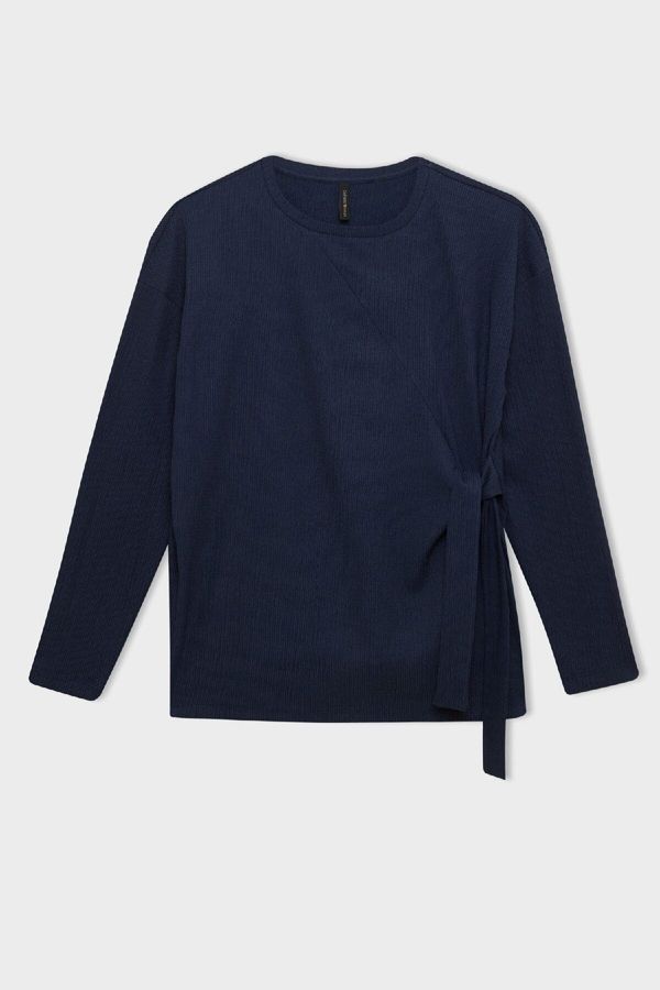 DEFACTO DEFACTO Crew Neck Tie Detail Casual Crepe Long Sleeve Navy Blue T-Shirt