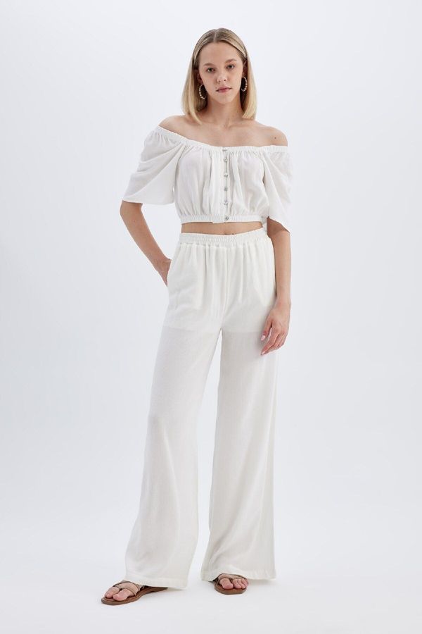 DEFACTO DEFACTO Crinkle Viscose Trousers Wide Leg Wide Leg Basic Plain High Waist Standard Length