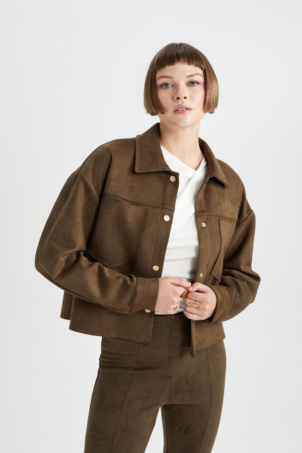 DEFACTO DEFACTO Crop Shirt Collar Snap Pocket Suede Shirt Jacket