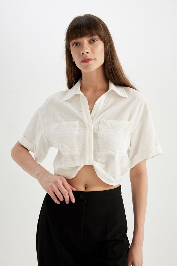 DEFACTO DEFACTO Crop Shirt Collar Twill Short Sleeve Blouse