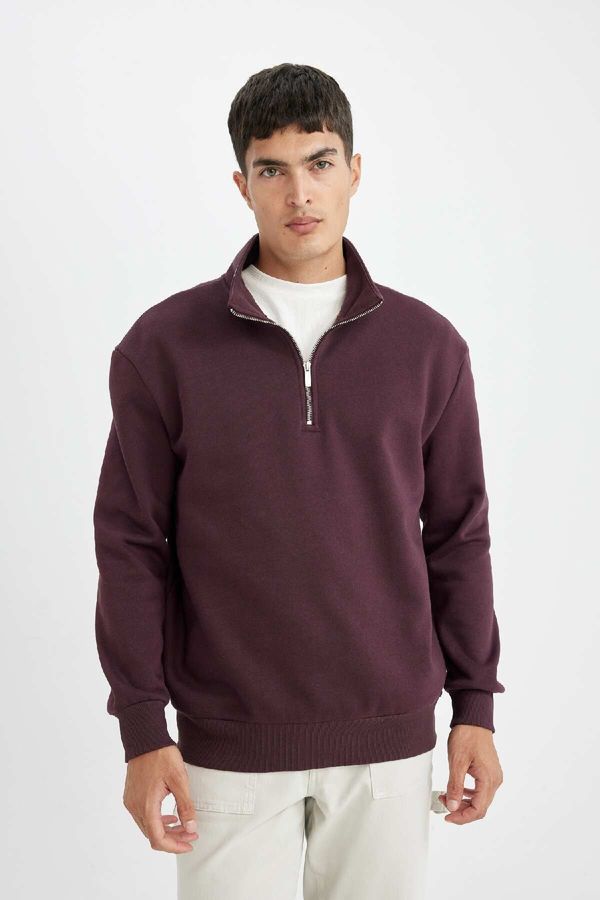 DEFACTO DEFACTO Dark Burgundy Comfort Regular Fit Casual Pattern Stand Collar Zippered Thick Basic Plain Sweatshirt