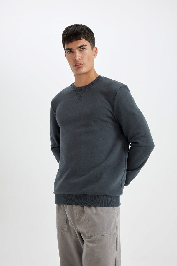 DEFACTO DEFACTO Ekek Anthracite Regular Fit Crew Neck Basic Plain Sweatshirt