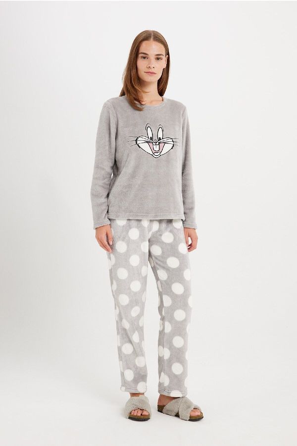 DEFACTO DEFACTO Fall In Love Looney Tunes Pajama Set Welsoft Plush Crew Neck Long Sleeve Top Patterned Bottom