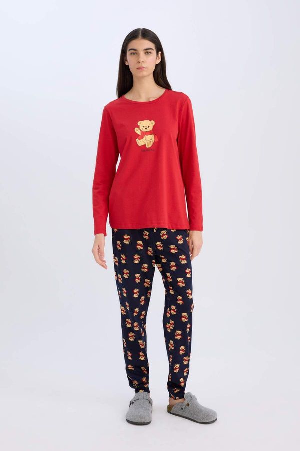 DEFACTO DEFACTO Fall In Love Pajama Set Long Sleeve Teddy Bear Printed Top Flexible Waist Patterned Pajama Bottom