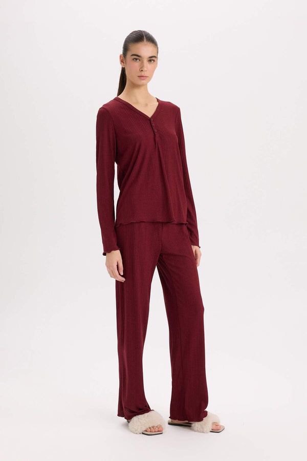 DEFACTO DEFACTO Fall In Love Pajama Set V Neck Buttoned Rib Long Sleeve Top Elastic Waist Wide Leg Bottom