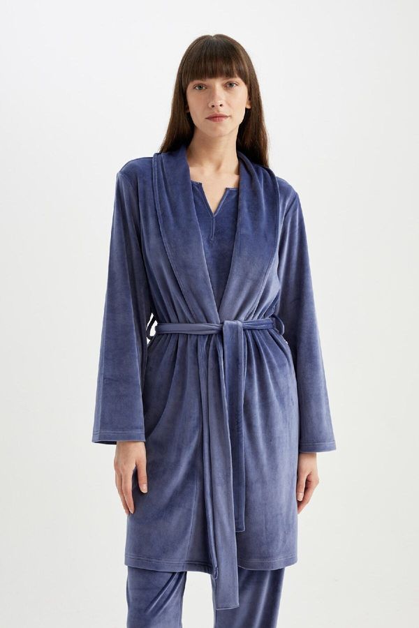 DEFACTO DEFACTO Fall in Love Wrap Collar Velour Long Sleeve Dressing Gown