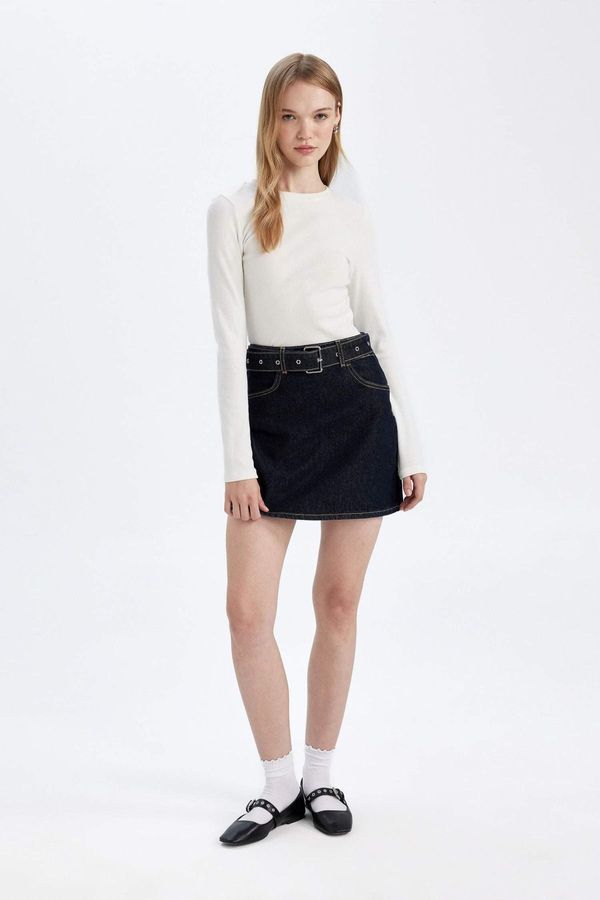 DEFACTO DEFACTO Fashion Fit Faded Effect Pocket Belted Jean Mini Skirt