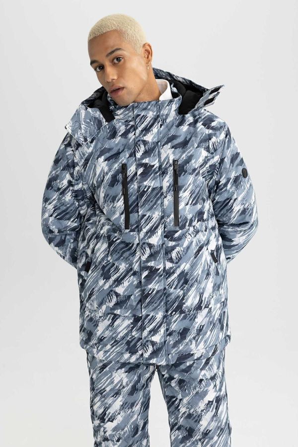 DEFACTO DEFACTO Fit Water Repellent Ski Jacket Patterned Hooded Zippered Fleece Lined Reflective