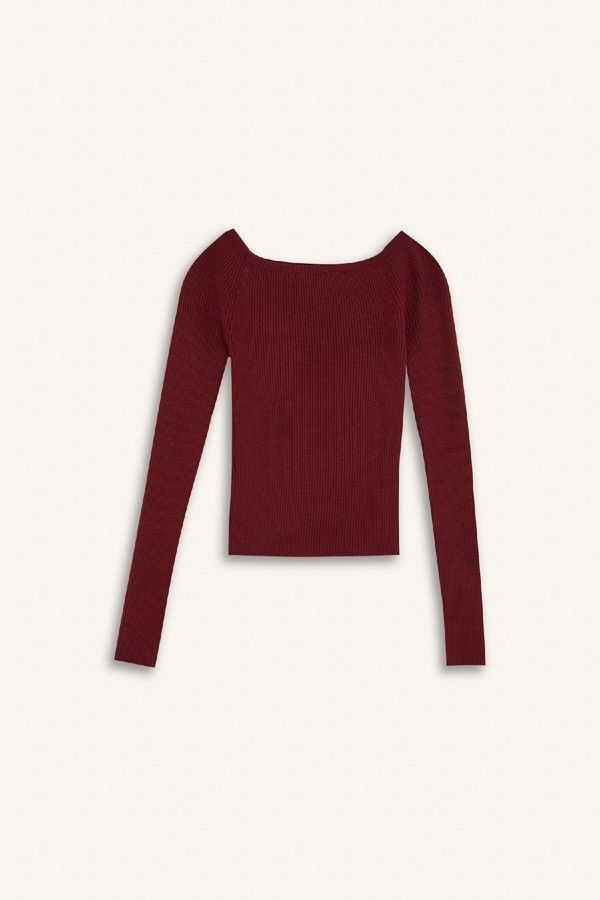 DEFACTO DEFACTO Fitted Open Shoulder Basic Plain Burgundy Knitwear Sweater