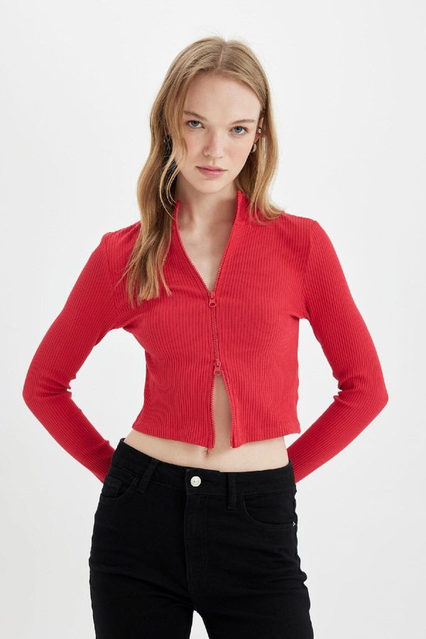 DEFACTO DEFACTO Fitted Stand Collar Basic Plain Zippered Ribbed Camisole Crop Red Cardigan