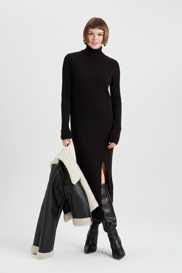 DEFACTO DEFACTO Fitted Turtleneck Basic Plain Long Sleeve Slit Midi Knit Dress