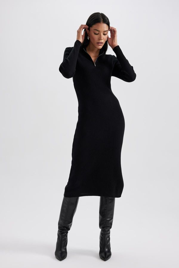 DEFACTO DEFACTO Fitted Zipper Collar Ribbed Long Sleeve Dress