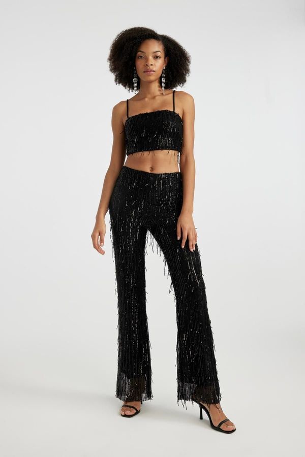 DEFACTO DEFACTO Flayer Fit Normal Waist Standard Sequined Black Trousers