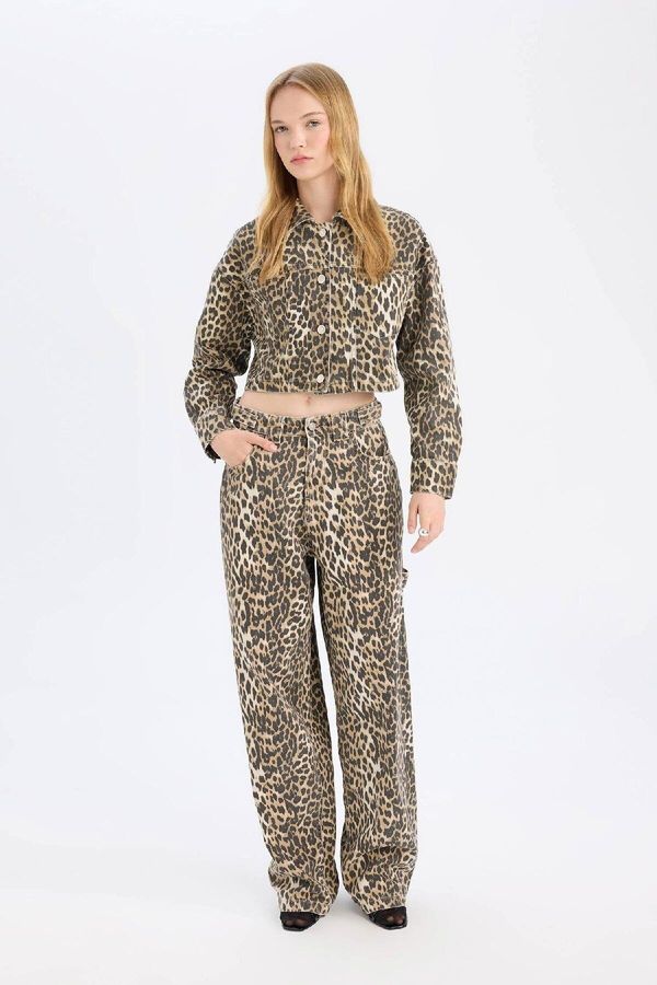 DEFACTO DEFACTO Gabardine Trousers Baggy Fit High Waist Leopard Patterned Standard Length