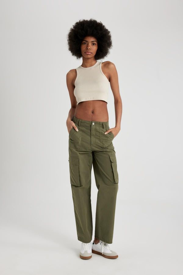 DEFACTO DEFACTO Gabardine Trousers Straight Fit Standard Length High Waist Cargo Pocket