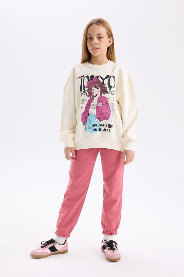 DEFACTO DEFACTO Girl 2-Piece Set Crew Neck Printed Sweatshirt Elastic Waist Tracksuit Bottoms